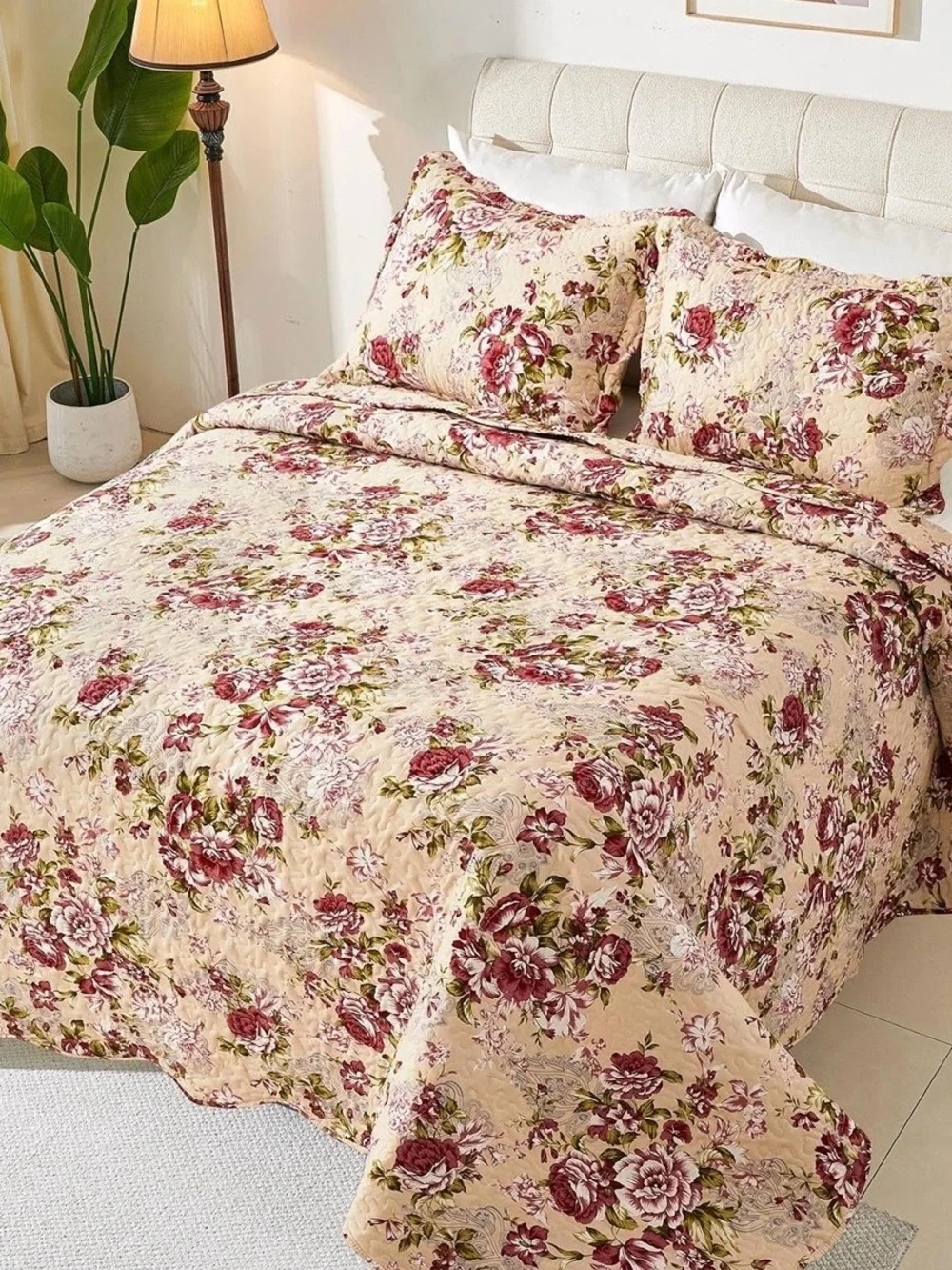 Reversible Floral Quilt in Cream and Burgundy - Elegant Bedroom Bedding